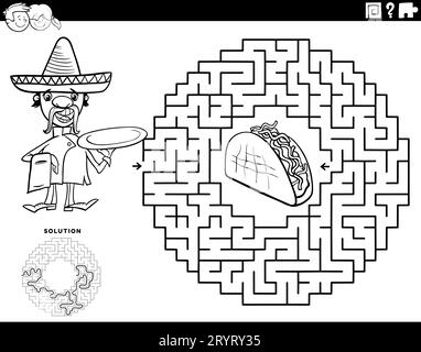 Black and white cartoon illustration of educational maze puzzle game with funny chef character and taco coloring page Stock Photo