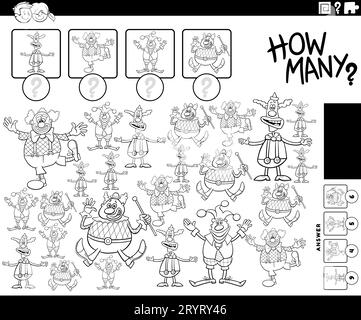 Black and white illustration of educational counting game with cartoon clowns characters coloring page Stock Photo