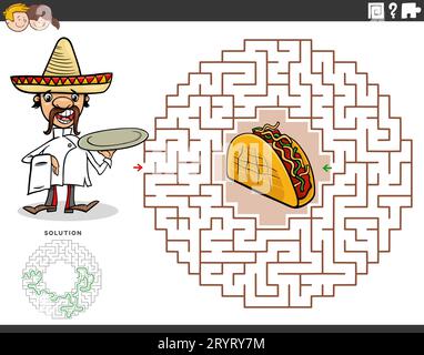 Cartoon illustration of educational maze puzzle game with funny chef character and taco Stock Photo