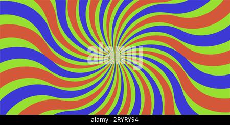 Sunburst groovy carnival background. Sun and rainbow swirl pattern, vintage poster vibes. Funky ray elements, circle motifs, Comics rays themes. Stock Vector