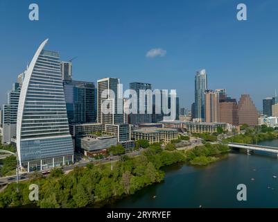 Aerial View Of The City Of Austin Texas Along The Colorado River Stock Photo