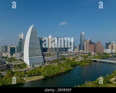 Aerial View Of The City Of Austin Texas Along The Colorado River Stock Photo