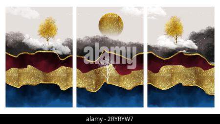 golden, blue and red colorful mountains. golden sun and tree 3d hill landscape background. 3 pieces wall frame canvas art. Stock Photo