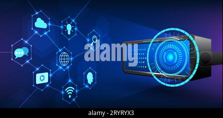 VR technology. VR glasses with technology screen display looking at icons. It represents an entry into a virtual world that works with entertainment, Stock Vector