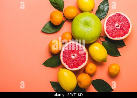 Multicolored grapefruits, lemons and tangerines. Living coral background Stock Photo