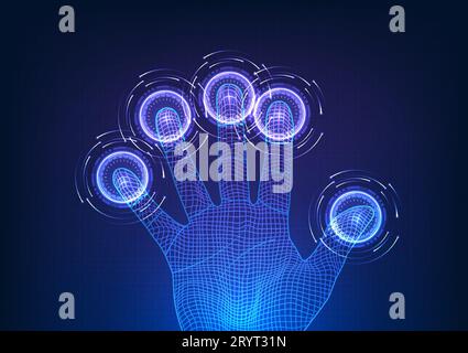 Security technology that uses fingerprint scanning to access sensitive cyber data Vector hand with technology circle on finger representing data scan. Stock Vector