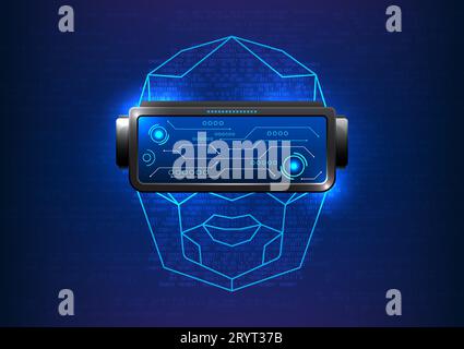 Virtual Reality Technology VR wearing robots are learning to enter the world of the Metaverse. It is a technology that creates a virtual environment t Stock Vector