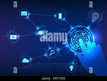 smart technology Hand pressing technology sign button with icons smart technology concept that has played a role with human beings and the expansion o Stock Vector