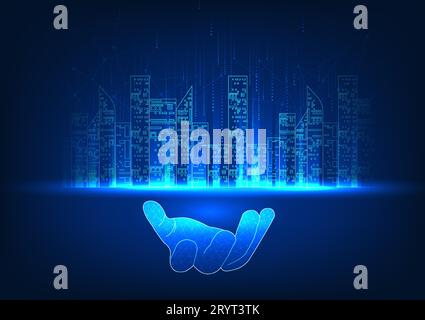 Smart city technology The large city is streaked below with a supportive hand. Refers to the city of technology developed by humans. Let the well-bein Stock Vector