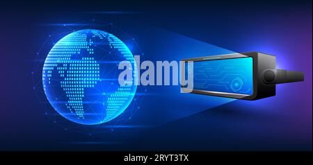 Virtual Reality technology, VR glasses that show a virtual globe. It is technology that creates a virtual environment that is also used for communicat Stock Vector