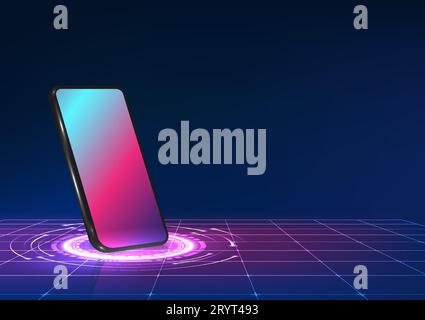 Technology smartphone set on technology circle with grid Vector technology illustration. with a fascinating combination of blue, red, purple A mobile Stock Vector