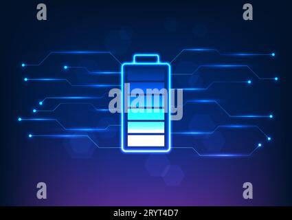 Battery technology is connected to the circuit. It is a vector illustration in blue tones. The background is geometric shapes. The concept of battery Stock Vector