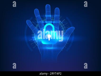 Security technology The lock is in the middle of the hand. Behind it is a technology circle. means technology security That requires a person's identi Stock Vector