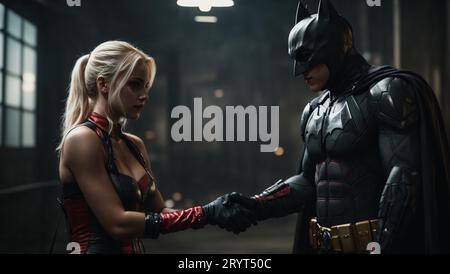 An image of two people, one in a Batman costume and the other in a Harley Quinn costume, facing each other in a dark setting Stock Photo