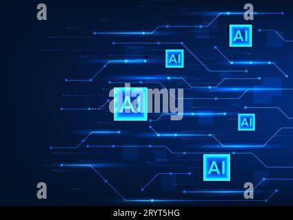 Artificial intelligence technology There is an AI chip that is connected to the technology circuit that represents the AI system that sends learning d Stock Vector