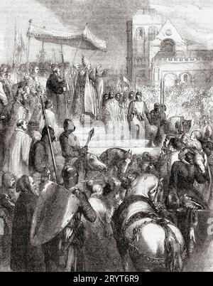 Pope Urban II preaching the first crusade in the market place of Clermont, France, 27 November 1095.  Pope Urban II, c. 1035 – 1099, aka Odo of Châtillon or Otho de Lagery.  Head of the Catholic Church and ruler of the Papal States.  From Cassell's Illustrated History of England, published 1857. Stock Photo