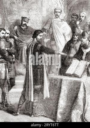 Harold Godwinson, swearing an oath to maintain the rights of the Duke of Normandy to the English throne, 1064.  Harold Godwinson, c. 1022 –1066, aka Harold II.  Last crowned Anglo-Saxon English king.  From Cassell's Illustrated History of England, published 1857. Stock Photo