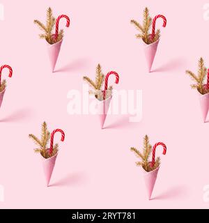 Trendy Christmas seamless pattern made with ice cream cone and candy cane. Texture with isometric elements Stock Photo