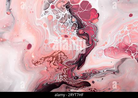 Acrylic Fluid Art. Pink bubbles, peach waves and gold inclusion. Abstract stone background or texture Stock Photo