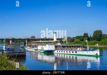 The historic paddle steamer LEIPZIG at the landing stage in Pirna, Saxon Switzerland, Saxony, Germany, August 24, 2016, for editorial use only. Stock Photo