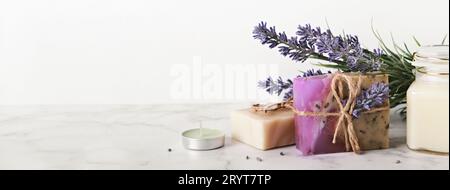 Banner with lavender cosmetics products and place for text. Home body skin care, Spa setting Stock Photo
