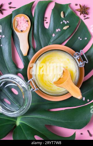 Traditional Indian food butter ghee in a glass jar Stock Photo