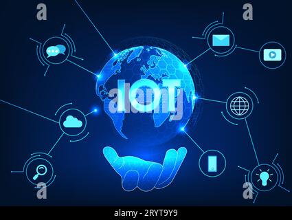 Internet of Things technology The hand holding a globe inside has the letters IOT with a circuit line connected to the icon. The Internet of Things te Stock Vector