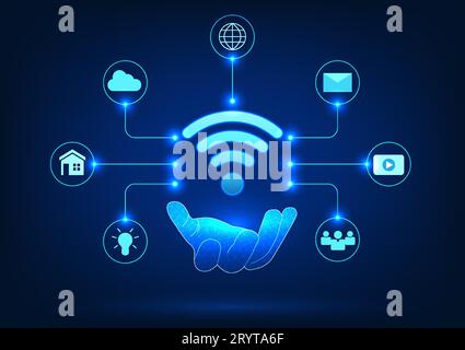 Internet of Things technology with Wi-Fi compatibility hand holding wifi connection with icon Refers to the technology of transmitting wireless signal Stock Vector