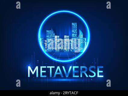 Metaverse Technology Intelligent city inside a circle with the word Metaverse The media is a technology to create a virtual world, even creating an id Stock Vector