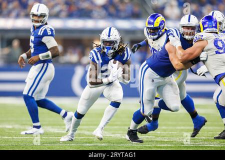 Indianapolis Colts running back Trey Sermon (27) is tackled by