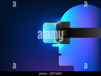 Virtual Reality technology, people wearing VR goggles enter the world of the Metaverse. It is a technology that creates a virtual environment that is Stock Vector