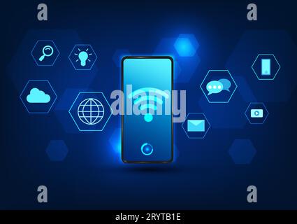 WiFi technology Smartphones have a Wi-Fi icon in the center along with a communication icon. Refers to the technology of tethering Internet signals to Stock Vector