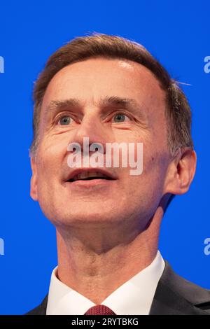 Manchester, UK. 02nd Oct, 2023. Jeremy Hunt Chancellor of the Exchequer addresses the main hall on the second day of the Conservative Conference. Manchester UK. Credit: GaryRobertsphotography/Alamy Live News Stock Photo