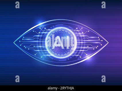 Technology eye with AI nestled within, accompanied by a circuit board. Represents the powerful utilization of artificial intelligence technology in se Stock Vector
