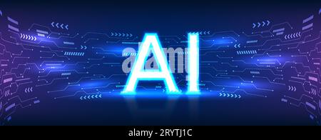 Experience the futuristic world of technology through a vector illustration. Blue tones, AI character, and circuit board elements symbolize the role o Stock Vector