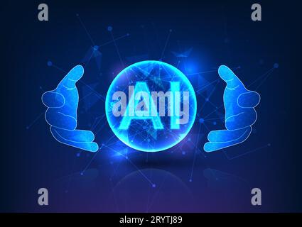 Power of human-created artificial intelligence. With glowing AI letters inside a circle held by hands, it represents technology's role in business, fo Stock Vector