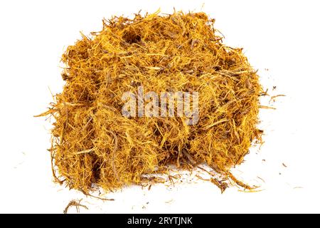 Licorice root and fiber textured background ( glycyrrhiza glabra). Dried Organic Liquorice roots (Glycyrrhiza glabra) isolated on white background. Ma Stock Photo