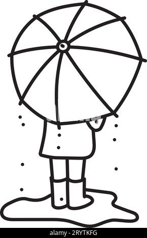 Kid with umbrella standing in puddle vector line icon for National Umbrella Day on February 10 Stock Vector