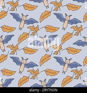 Bats and foliage autumn seamless pattern. Halloween background. Cute print for textile, paper, packaging and design for the Halloween holiday, vector Stock Vector
