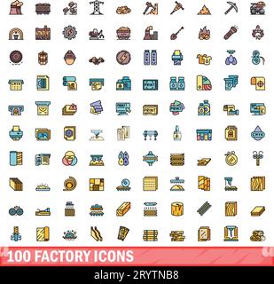 100 factory icons set. Color line set of factory vector icons thin line color flat on white Stock Vector