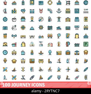 100 journey icons set. Color line set of journey vector icons thin line color flat on white Stock Vector