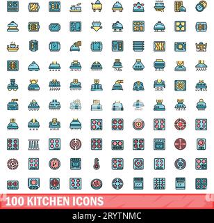 100 kitchen icons set. Color line set of kitchen vector icons thin line color flat on white Stock Vector