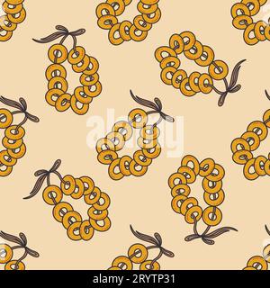 Seamless pattern with bunch of Russian bagels on a rope. Round sushki, bubliki or baranki, traditional Russian cuisine, pastries. Colorful vector illu Stock Vector