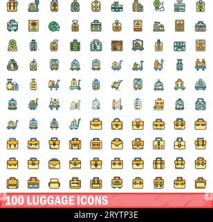 100 luggage icons set. Color line set of luggage vector icons thin line color flat on white Stock Vector