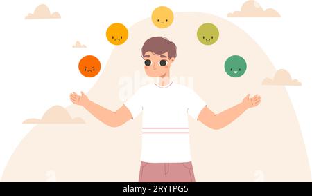 Emotional balance and choose your emotions. Mental health, guy thinking about his daily mood. Good and bad feeling, rating snugly vector scene Stock Vector