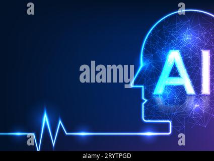 Discover modern technology. Featuring the face of a robot with interlocking lines and AI characters, it represents the rapid development and advanceme Stock Vector