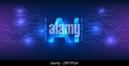 Artificial intelligence technology within a global technological network. With circuit lines forming AI characters connected by circuit boards, it rep Stock Vector
