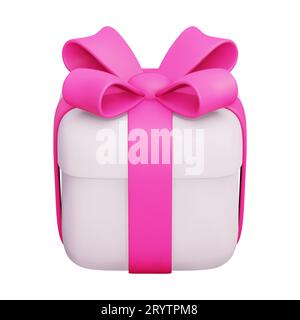 Vector 3d Render Gift Box. Closed Present Box With Pink Ribbon and Bow. For Surprise, Birthday Party, Baby Shower. Vector Illustration In Plasticine C Stock Vector