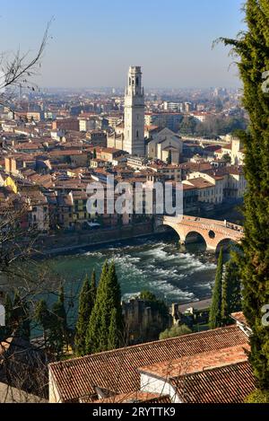 Verona from Piazzale Castel San Pietro. Verona Cathedral (1187 A.D.), Pietra Bridge (100 B.C.) and River Adige most prominent. Stock Photo