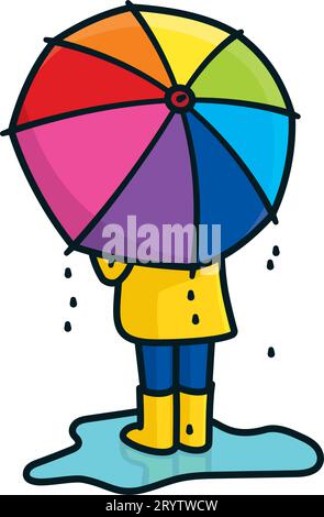 Kid with rainbow colored umbrella standing in puddle isolated vector illustration for National Umbrella Day on February 10 Stock Vector